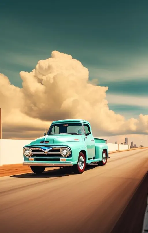 Prompt: A 1953 Ford F-100 driving g away from a vintage American city skyline. Dramatic sky and clouds.