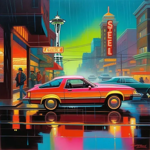 Prompt: 1980s, Seattle, neon, car chase, rainy weather, cold atmosphere, cartoony style, extremely detailed painting by Greg Rutkowski and by Henry Justice Ford and by Steve Henderson