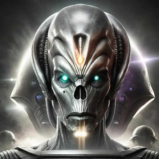 Prompt: Cosmic Science-Fiction Horror Sinister 3D HD Menacing {Grey}Alien male in his late thirties, hyper realistic, 4K expansive Spacecraft background --s99500