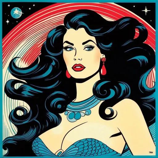 Prompt: Silk screen comic book illustration, buxom female mexican mermaid with long full black thick wavy hair, blue eyes, thick red pouty lips, pouty mouth, pale skin, 1960s Soviet retrofuturism, space fantasy