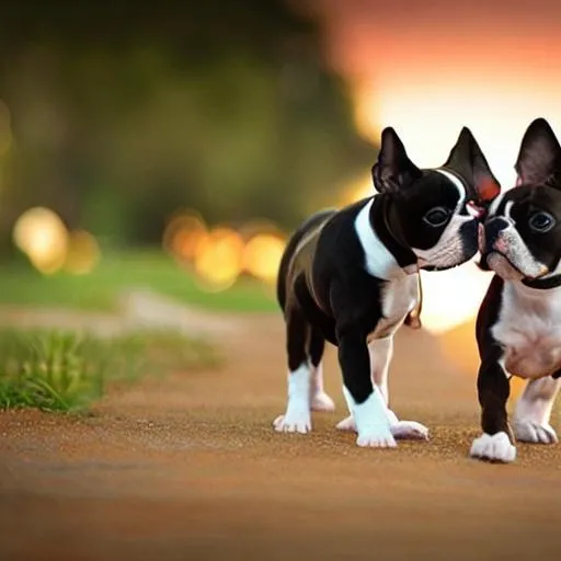 Prompt: pretty boston terrier puppies with a sunset
