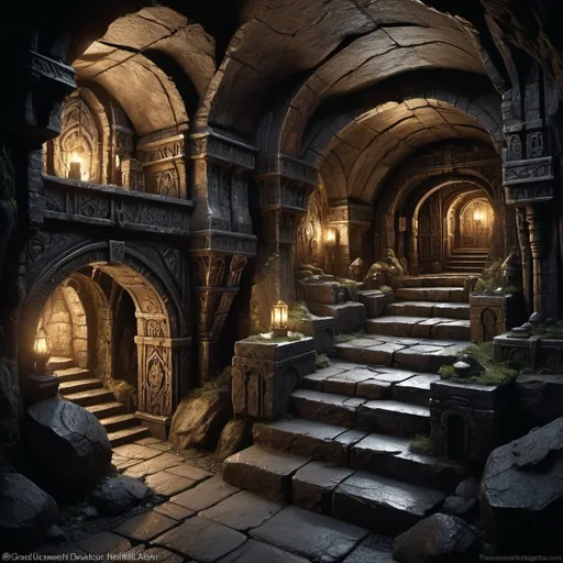 Prompt: Dwarven underground weathered city in Warhammer fantasy RPG style, huge cave, dark mood, eerie atmosphere, dimly lit, various randomly placed houses, realistic, detailed stone carvings, intricate metalwork, rugged dwarven architecture, atmospheric lighting, high quality, RPG style, fantasy, underground, dim lighting, detailed stone carvings, intricate metalwork, rugged architecture, dynamic view, seen from distance,