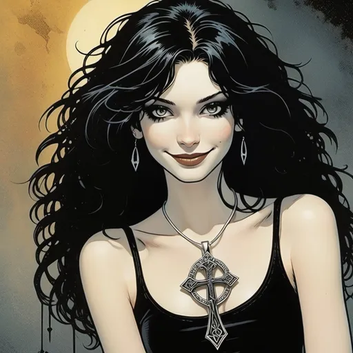 Prompt: Death from Neil Gaiman’s Sandman Comic, Depict a (young, youthful, cute and pleasantly content smiling 16-year-old girl), wearing silver ankh pendant, pale-skinned, slender young woman with dark, messy, shoulder-length hair. Her eyes should have a kind yet knowing expression. She wears a black tank top with simple, dark jeans, accessorized with a silver ankh pendant around her neck. Her lips are dark, contrasting with her pale complexion, and her overall style reflects a gothic aesthetic. Her demeanor should appear calm, welcoming, and slightly whimsical, exuding both warmth and mystery.