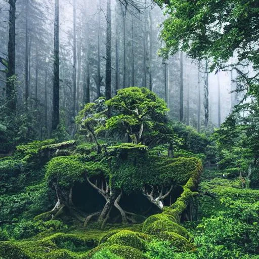 Prompt: Ancient forest gowing above ruins in summer rain
