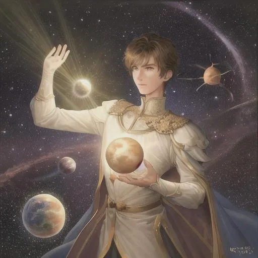 Prompt: A 25 years old prince is holding the earth in his hands. He is surrounded by stars and planets. Photorealistic. Ultrarealistic. 