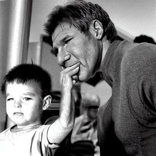 Prompt: harrison ford slapping a small child