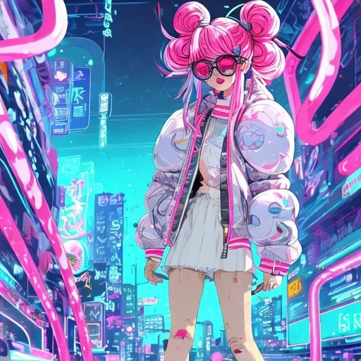Prompt: wide standing view, full body view, cute petite 21 year old anime girl, pink hair, two braided pigtails, stylish, sunglasses ((white, oval frame)), puffy bomber jacket, black combat boots, highly stylized artstyle, messy abstract backround with neon signs, wide view, digital illustration, ultra hd,  motion blur, deep blue color scheme, pastel color scheme