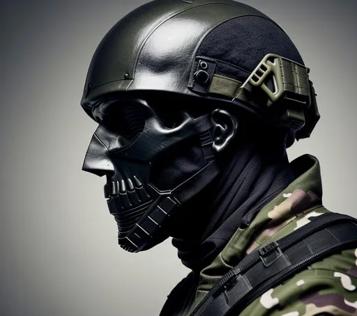 Prompt: raw photo of a man with skull mask , dark background , wearing tactical suit, with army helmet, side profile
