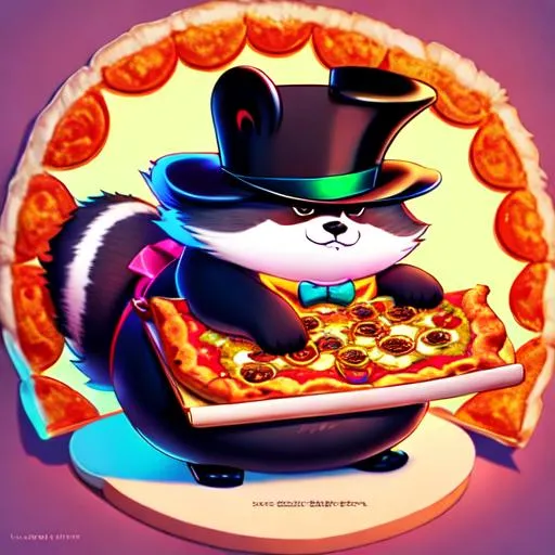 Prompt: fat round raccoon wearing (((top hat and monocle))), fluffy, fluffy tail, art style of sam yang and james jean! cute (((neon))) surrealism, pizza