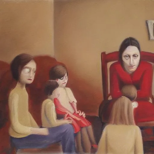 Prompt: An eerie painting of a single mother sat in a room crying surrounded by lots of children with tones of red and black 