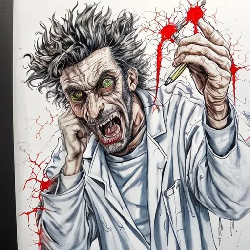 Prompt: a mad scientist in a lab painted in fine pen with dc1-p3 colouring