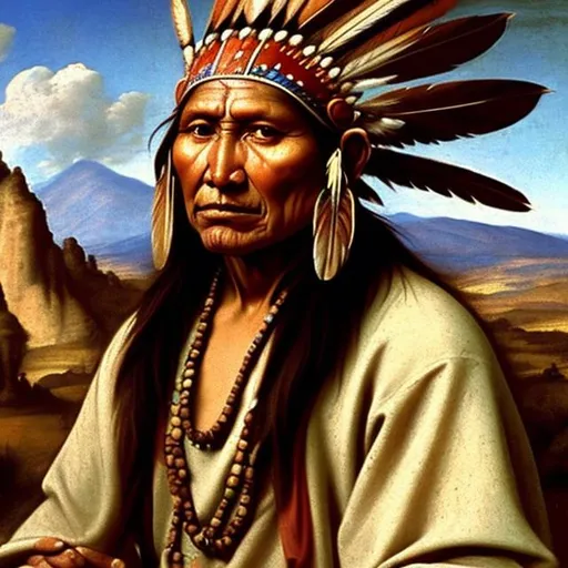 Prompt: Classical renaissance painting of a Taos Indian in 1680 A.D. 
