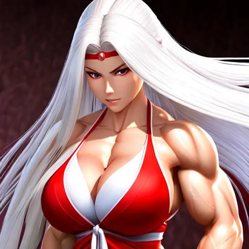 Prompt: {{long white hair}}
{{Mai Shiranui from King of Fighters}}
{{woman, enormous muscles, giant muscles, muscular woman, hulking, flexing, biceps, torso}}
perfect face, perfect body, photorealistic, hyperrealistic, photograph, 22mm lens, 4k, hard lighting