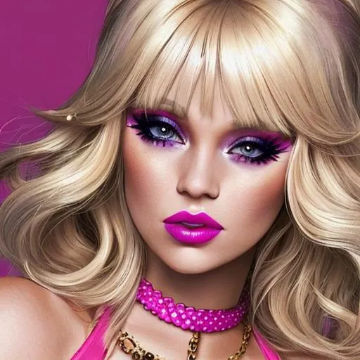 Prompt: 70's disco girl,blonde hair, eyeshadow,pink lips, facial closeup
