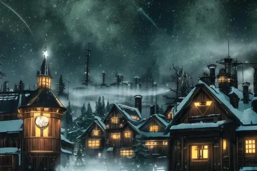 Prompt: Factory Forest Steampunk Winter Fantasy Forest Town Steampunk Background, Victorian Wood Buildings, Polar Region, Snow Everywhere, Grungy Look, Large Green Trees, Thick Fog, Star Trails