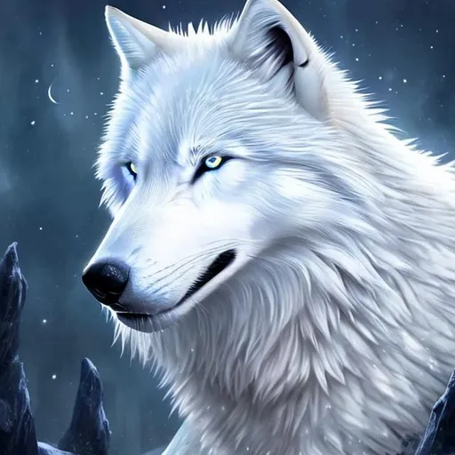 Prompt: Fantasy companion creature majestic white wolf with beautiful blue eyes,