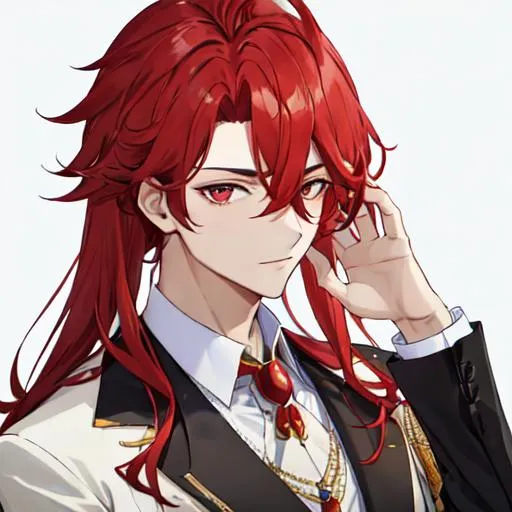 Prompt: Zerif 1male (Red side-swept hair covering his right eye) wearing a royal suit