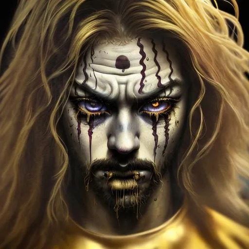 Prompt: Psychedelic, Tragic, Weeping Sad Unhappy 3D HD Tragic Bum Dirty {Clown}Male, Beautiful big reflective eyes, long flowing hair, ultra detailed full body artistic photography, detailed rugged Gorgeous detailed face, shadows, oil on canvas, brush strokes, ultra sharp focus, ominous, matte painting movie poster, golden ratio, epic, intricate, cinematic character render, hyper realistic, 64K --s98500