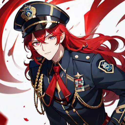 Prompt: Zerif 1male as a male police officer (Red side-swept hair covering his right eye)UHD, 8K, Highly detailed, insane detail, best quality, high quality, wearing a blue male police uniform, anime style, tilting his hat