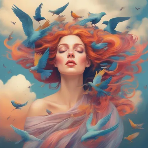 Prompt: A colourful and beautiful Persephone, with her hair being made out of clouds, with birds in flight around her in a painted style