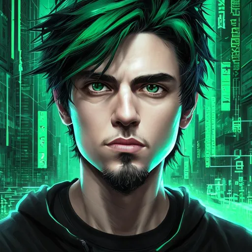Prompt: Portrait of {a male hacker} with {green and black} hair, {emerald green} eyes, {black and green}sweatshirt, {city background}, perfect composition, hyperrealistic, super detailed, HD, high quality, trending art, trending on artstation, sharp focus, studio photo, intricate details, highly detailed, by greg rutkowski