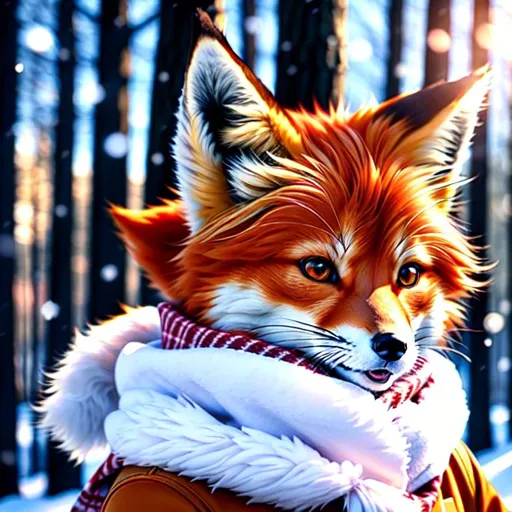 Prompt: Anthropomorphic ginger fox, furry, winter clothes, scarf