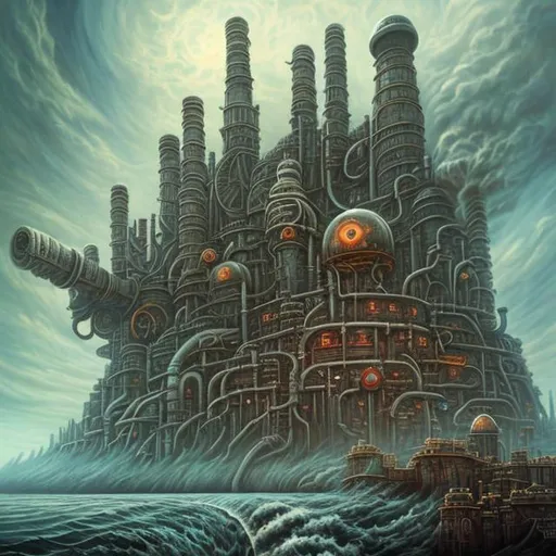 Prompt:  fantasy art style, painting, pipes, tubes, nuclear reactor, power plants, nuclear fusion, nuclear power, nuclear weapons, nuclear bombs, nuclear explosions, mushrooms, mushroom cloud, bombs, torpedoes, misiles, concrete, smog, fog, evil, misiles launching, warship, naval ship, boat, deep ocean, waves, tsunami, end of the world, apocalypse 