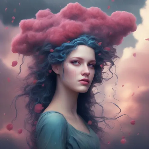 Prompt: beautiful Persephone with hair that is made out of bright rain clouds