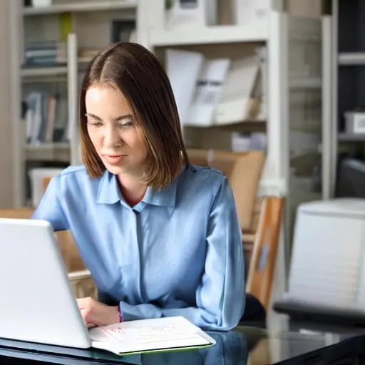Prompt: A young white professional woman sitting in front of a computer screen with dictionaries, a tablet and mobile phone on her desk