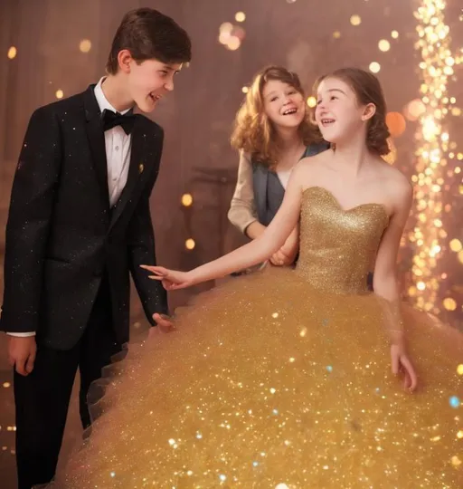 Prompt: 16 year old boy in a tuxedo pointing his magic wand at jar as the 16 year old girl is amazed as a big red super puffy and sparkly ball gown appears on her as gold sparkly magic flys all around her