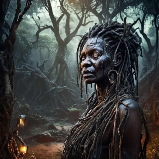Prompt: Woman in old King shaka's kraal with dark colored skin, grey hair and scarred face, dark woods, perfect composition of futuristic high tech world and encient African world, super detailed, 8k, high quality, sharp focus, Low angle shot, highly detailed, 