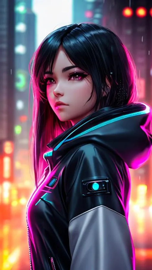 Prompt: Quality, 8k, detailed, cyberpunk, anime, hood, beautiful, face, neon backlight, woman,rain 