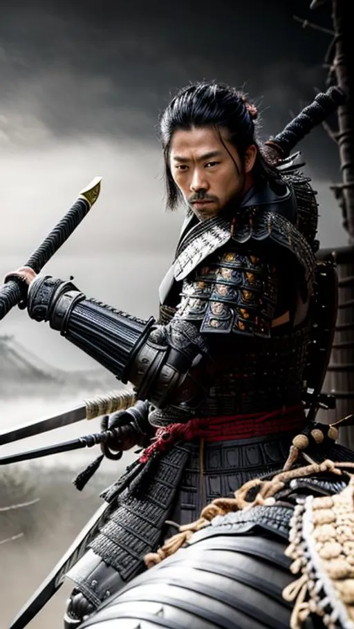 Prompt: Intricately detailed Samurai in Dark grey and Black Colored Samurai Armor, Ronin, Photorealistic, Film Quality, Filmic, Hyperrealistic, Hyperdetailed, Japanese Aesthetic, Beautiful Sword Detail, Striking eyes, Inspired by a young Hiroyuki Sanada, dynamic lighting, Striking, Action pose, Movie Quality