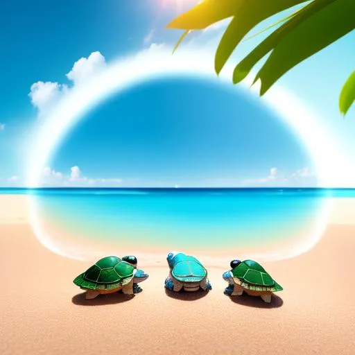 Prompt: Breathtakingly beautiful image of baby turtles on a white sandy beach. Sunny Bright vibrant colors. Everything is perfectly to scale. HD UHD 4k. Award winning photograph.