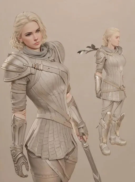 Prompt: digital art, 27-year-old modest Young woman viking, blonde hair, black pants, Quite well-built and lean muscled, black pants, assassin's creed odyssey armor, orange armor, orange gear, Green-gold eyes, very short curly blonde hair, full body, full armor, unreal engine 8k octane, 3d lighting