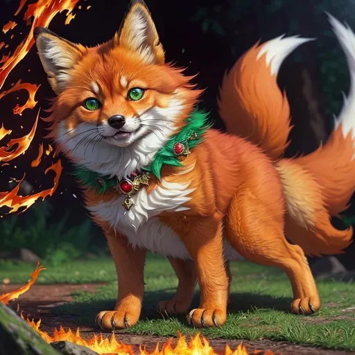 Prompt: remove leg, masterpiece, professional oil painting, epic digital art, 64k, best quality, tiny scarlet ((fox kit)), (canine quadruped), anime quality, fire elemental, silky golden-red fur, highly detailed fur, timid, ((insanely detailed alert emerald green eyes, sharp focus eyes)), sharp details, gorgeous 8k eyes, highly detailed eyes, insanely beautiful, extremely beautiful, fluffy glistening gold neck ruff, energetic, two tails, (plump), fluffy chest, enchanted, magical, finely detailed fur, hyper detailed fur, (soft silky insanely detailed fur), presenting magical jewel, beaming sunlight, lying in flowery meadow, sharp focus, professional, symmetric, golden ratio, unreal engine, depth, volumetric lighting, rich oil medium, (brilliant dawn), full body focus, beautifully detailed background, cinematic, 64K, UHD, intricate detail, high quality, high detail, masterpiece, intricate facial detail, high quality, detailed face, intricate quality, intricate eye detail, highly detailed, high resolution scan, intricate detailed, highly detailed face, very detailed, high resolution
