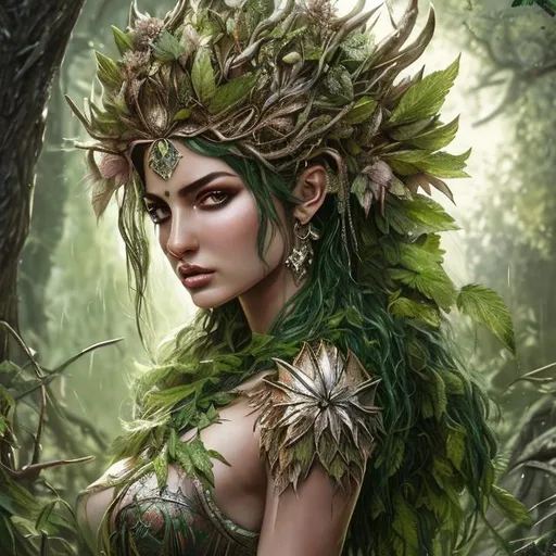 Prompt: High-resolution hyper realistic painting of {topless, iranian vegetation goddess} [ameretat] , uhd, hdr, 64k, epic scene, crown, upper body, sharp edges, wooden armor. flower hair. green eyes, forest, garden