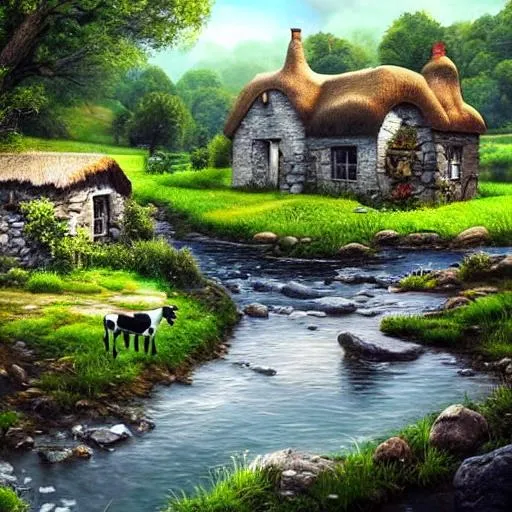 Prompt: 3D hyper realistic quaint looking farm cottage at the bottom of a rock precipice, slick textured looking oil painting, cinematic, picturesque looking vegetation, a small stream running by the house, a small black and white cow off in the back of the picture drinking from the stream, a nice sunny spring day 