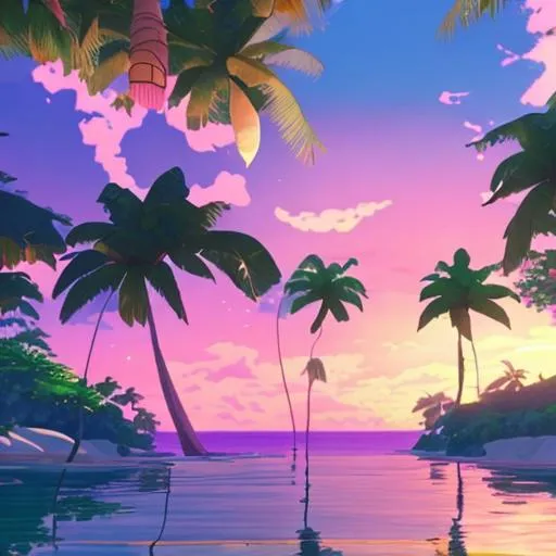 Prompt: Create a stunning, dreamy render of a tropical anime island paradise in the style of Makoto Shinkai. The island should feature soft, intricate details and graphic art with pink accents, creating a visually appealing atmosphere. The scene should capture a night sunset, evoking a sense of calm and tranquility.

