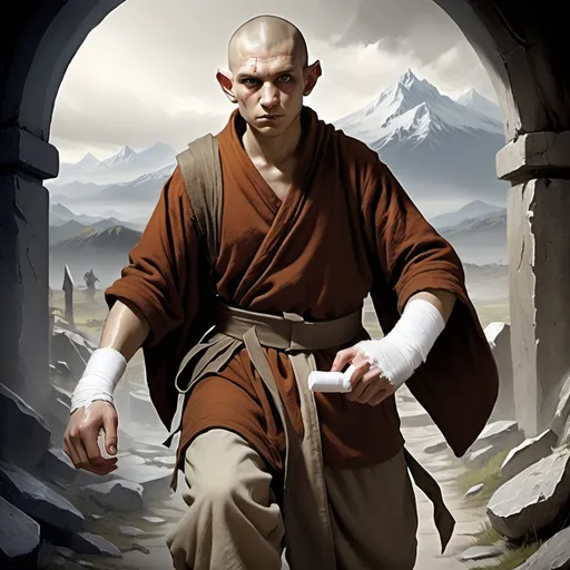 Prompt: a hobbit monk mainframe picture for dungeons and dragons without armor or weapons, with white bloody bandage on hands, with a battlefield as background

