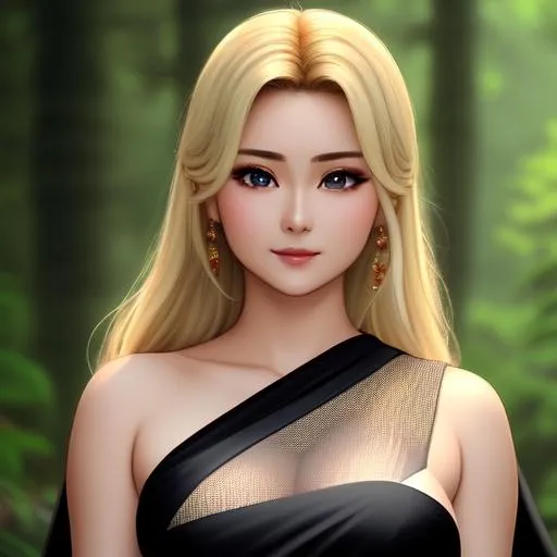 Prompt: cinematic front view of gorgeous misato katsuragi(beautiful eyes, symmetrical body, smiling, blonde, symmetric body, facing front toward camera) wearing black mesh saree, soft light, in forest, realistic
