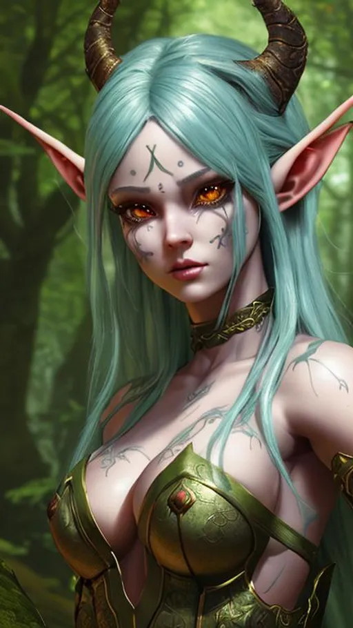 Prompt: highest quality stylized character concept masterpiece, award winning digital 3d oil painting art, hyper-realistic, intricate, 64k, UHD, HDR, image of a beautiful demon elf-girl in a forest, highly detailed face, hyper-realistic facial features, perfect anatomy in perfect composition of professional, long shot, sharp focus photography, cinematic 3d volumetric, dramatic lighting with backlit backlight, {{sexy}}, aiming down sights with red-hair, green eyes, perfect smile, from Elder Scrolls.
