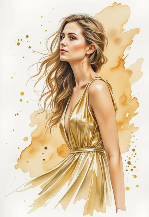 Prompt: A woman in a gold party dress