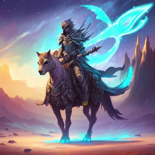 Prompt: prompt, a warrior holding a glowing ice sword in the desert, riding on a kitten, sky, wind, falcon, mountains, rivers, depth of field, details, stars, elementals, power, majesty, king glowing water, size 4:5
