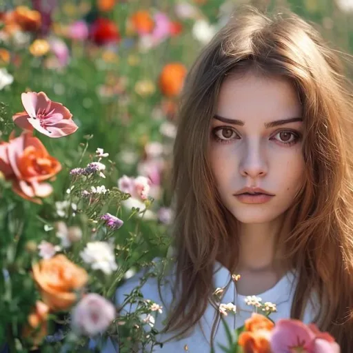 Prompt: A Hungarian girl, age 25 years old, so NOT A KID, height 1.60, with light brown hair, kind of close the blonde hair, in front of flowers but the metal fence in between the girl and flowers is slightly visible, girls one hand is visible, the other is not visible, the visible hand is up, near her chin, close to holding the flower in the background. Her face is towards to the camera. Slightly tilted from the portrait view. Light skin. Teeth visible but only upper teeth. Lower teeth are not visible as the lip is there, she is smiling. Eyes are open, but not much. A part of the hair is near her neck, very close to the shoulders but not over shoulders. Wearing a light pink shirt, small yellow flowers on it. Has an earring, matching color with the flowers.