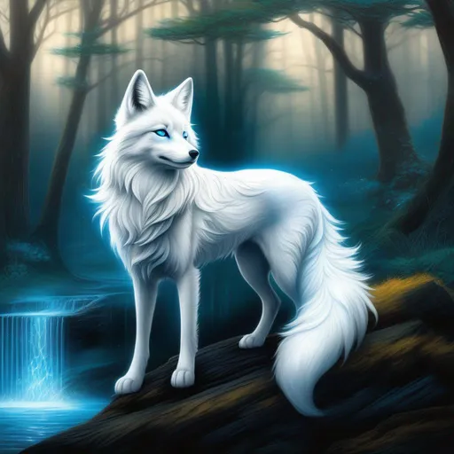 Prompt: (masterpiece, 2D, ultra detailed, epic digital art, professional illustration, fine colored pencil), Adolescent runt ((kitsune)), (canine quadruped), nine-tailed fox, dreamy blue eyes, fuzzy {black-silver} pelt, pointy silver ears, in a large forested clearing, trees tower above her, misty rain, clear puddles on floor, the forest lights up against twilight, possesses ice, timid, curious, cautious, nervous, alert, expressive bashful gaze, slender, scrawny, fluffy mane, {frost} on face, dynamic perspective, frost on fur, fur is frosted, sparkling ice crystals in sky, sparkling ice crystals on fur, sparkling rain falling, frost on leaves, dreamy, melodic, highly detailed character, petite body, large ears, full body focus, perfect composition, trending art, 64K, 3D, illustration, professional, studio quality, UHD, HDR, vibrant colors