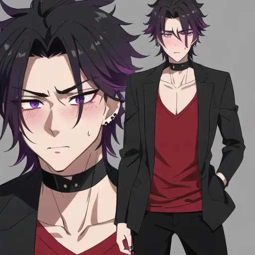 Prompt: Male young adult, 19, (Short black messy hair falling between the eyes, sharp and tired purple eyes, and a feminine body), red shirt untucked, black pant,  Black piercings, highly detailed face, 8K, Insane detail, best quality, UHD, highschooler, handsome, flirty, blushing, shy, unkempt appearance, wrinkled clothes, poorly dressed