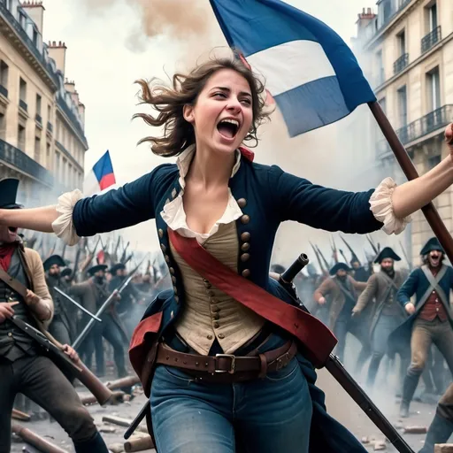 Prompt: Paris, French Revolution, barricades, beautiful young revolutionary woman, elated expression, musket in hand, standing on barricades, inspiring others, battle scene, smoke, citizens running, chaotic crowd