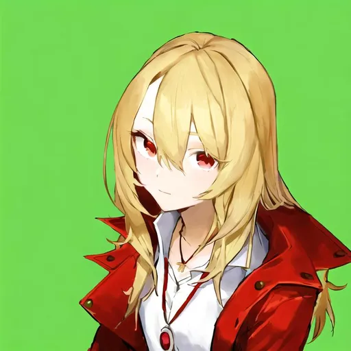 Prompt: Portrait of a cute girl with long, blonde hair wearing a white shirt, red jacket, and a necklace 