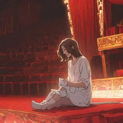 Prompt: a photo of a young human woman with shoulder length brown hair sits facing forward with her legs dangling over the edge of the red and gold lit stage, she is crying and looking at her lap. a ghost cat is sitting at her left. the cat is a ghost. high resolution, 100k, UHD